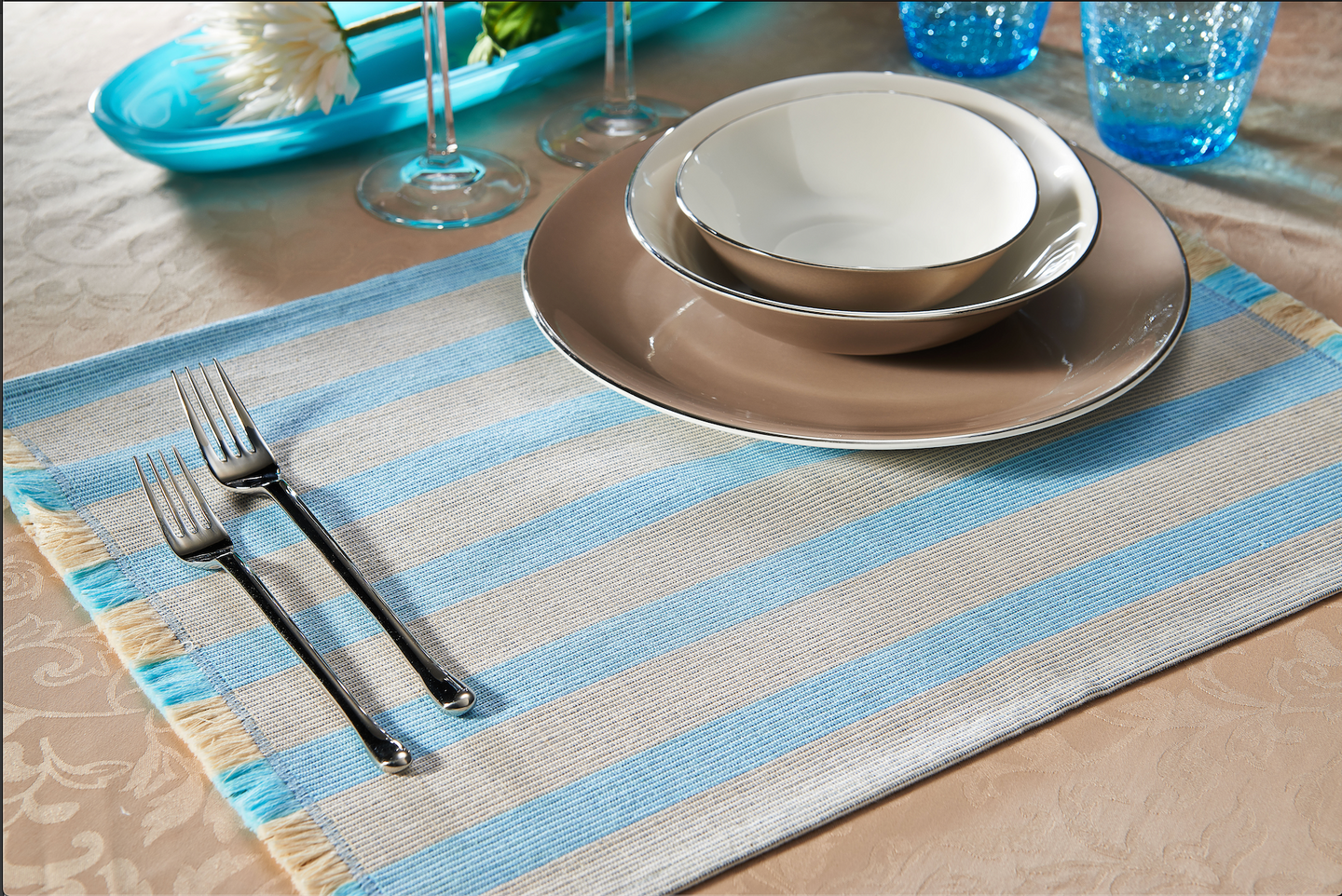 Pair of Beige & Baby Blue Striped Placemats